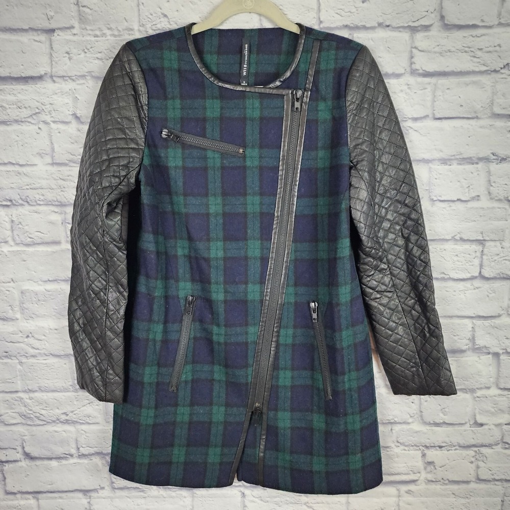 WALTER BAKER 118 Sadie Women's Small Blue Green Plaid Faux Leather Sleeve Jacket